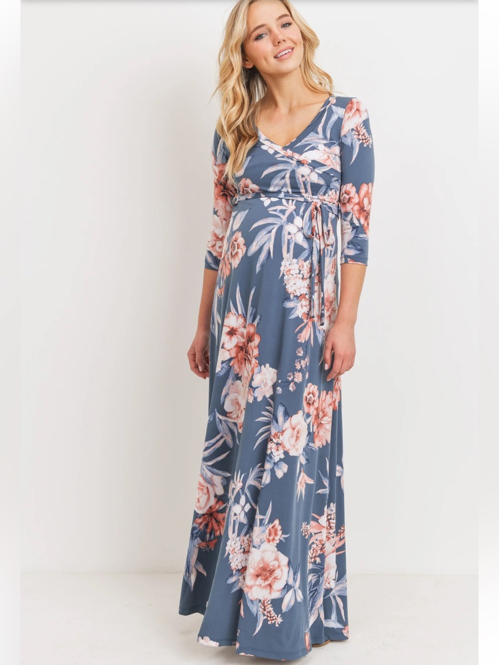 2 for $30 | Dusty Blue Floral Maternity Maxi Dress